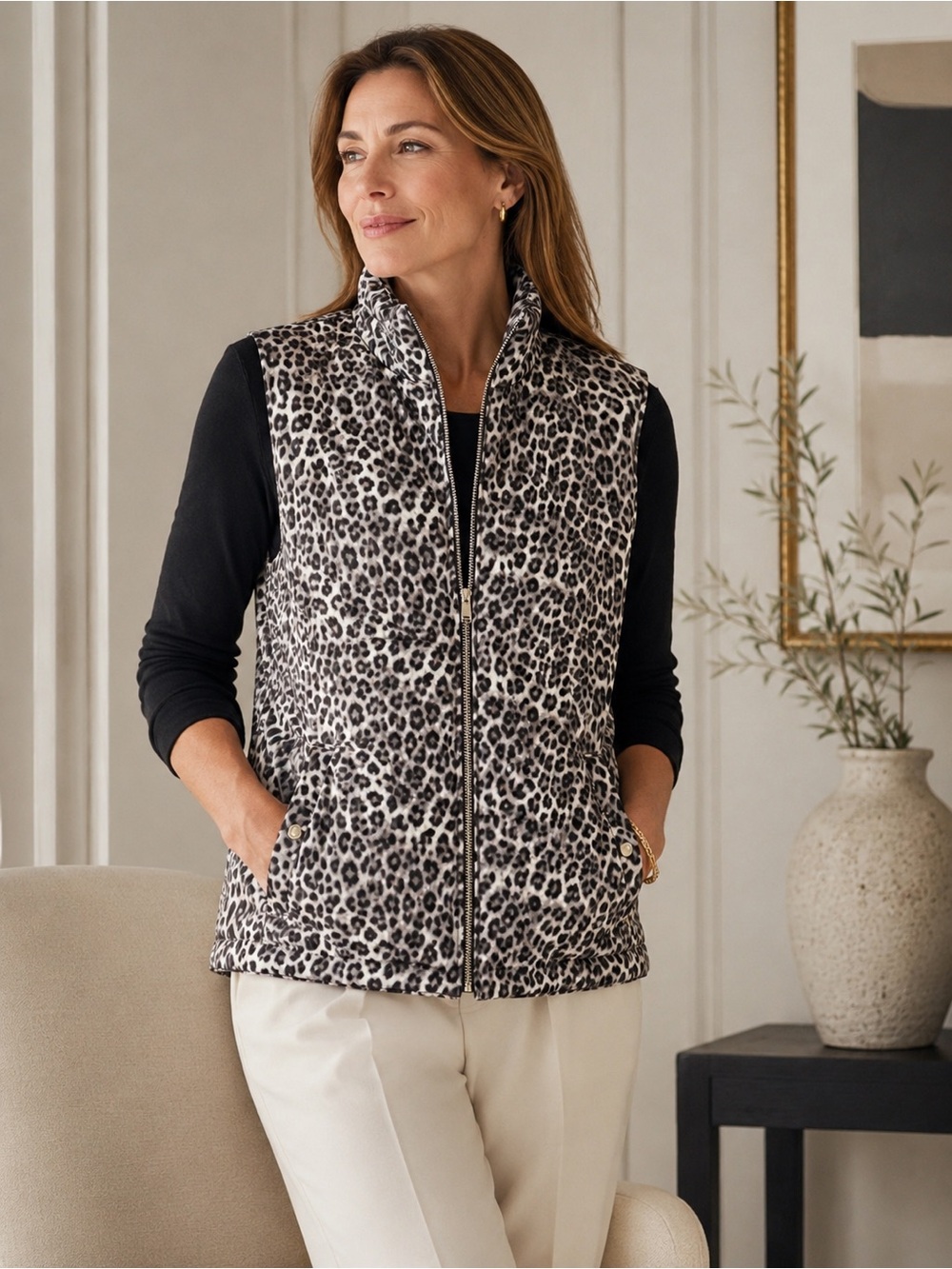 Charter Club Leopard Print Quilted Puffer Vest Zip Front Pockets Size Medium